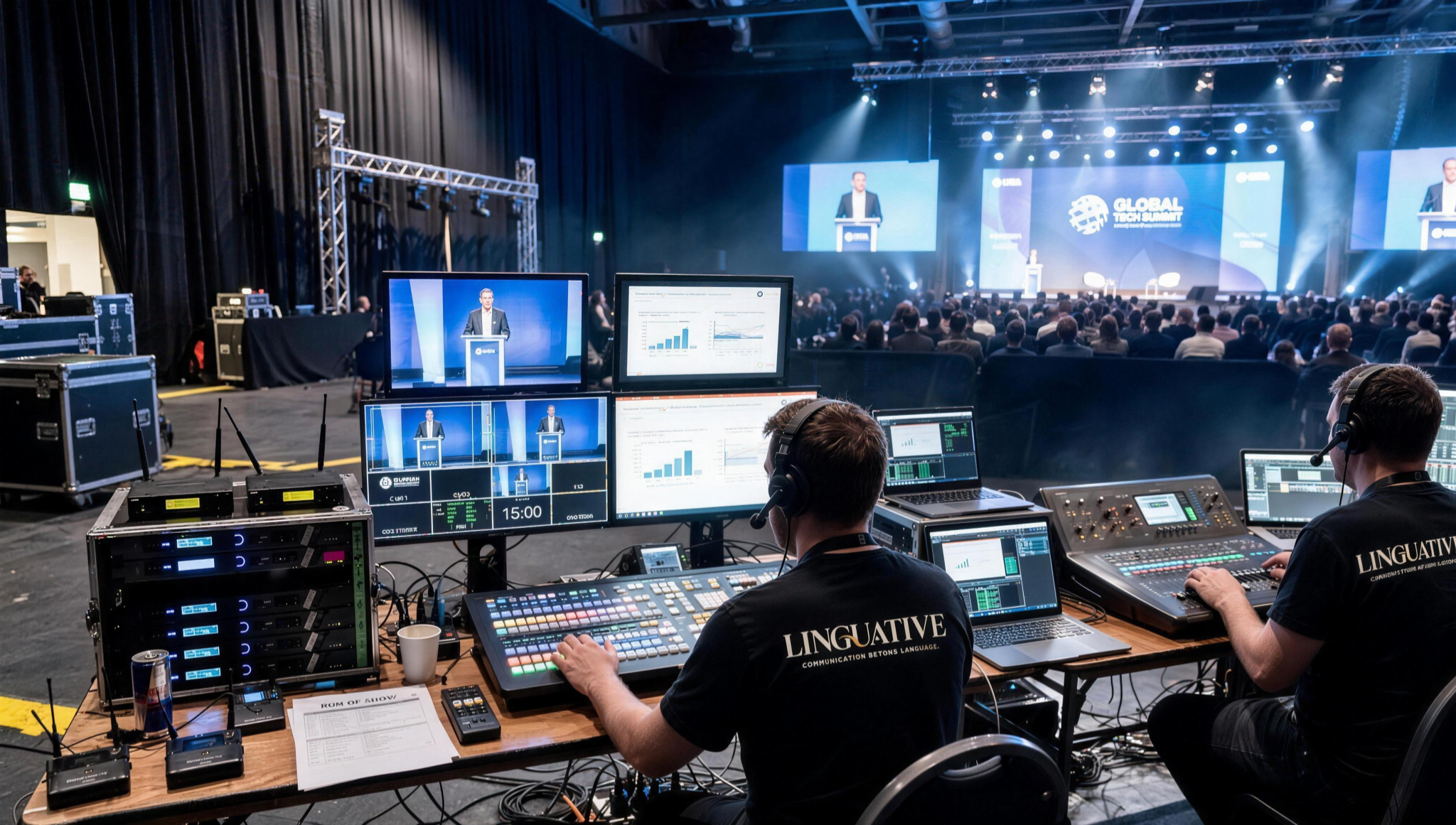 Backstage conference technology and AV production control with monitors, racks, cabling and operator position