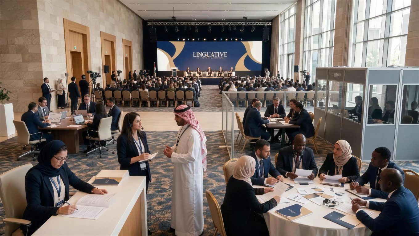 تصور توضيحي للمؤتمرات متعددة اللغات والترجمة ومراجعة الوثائق والاجتماعات المهنية