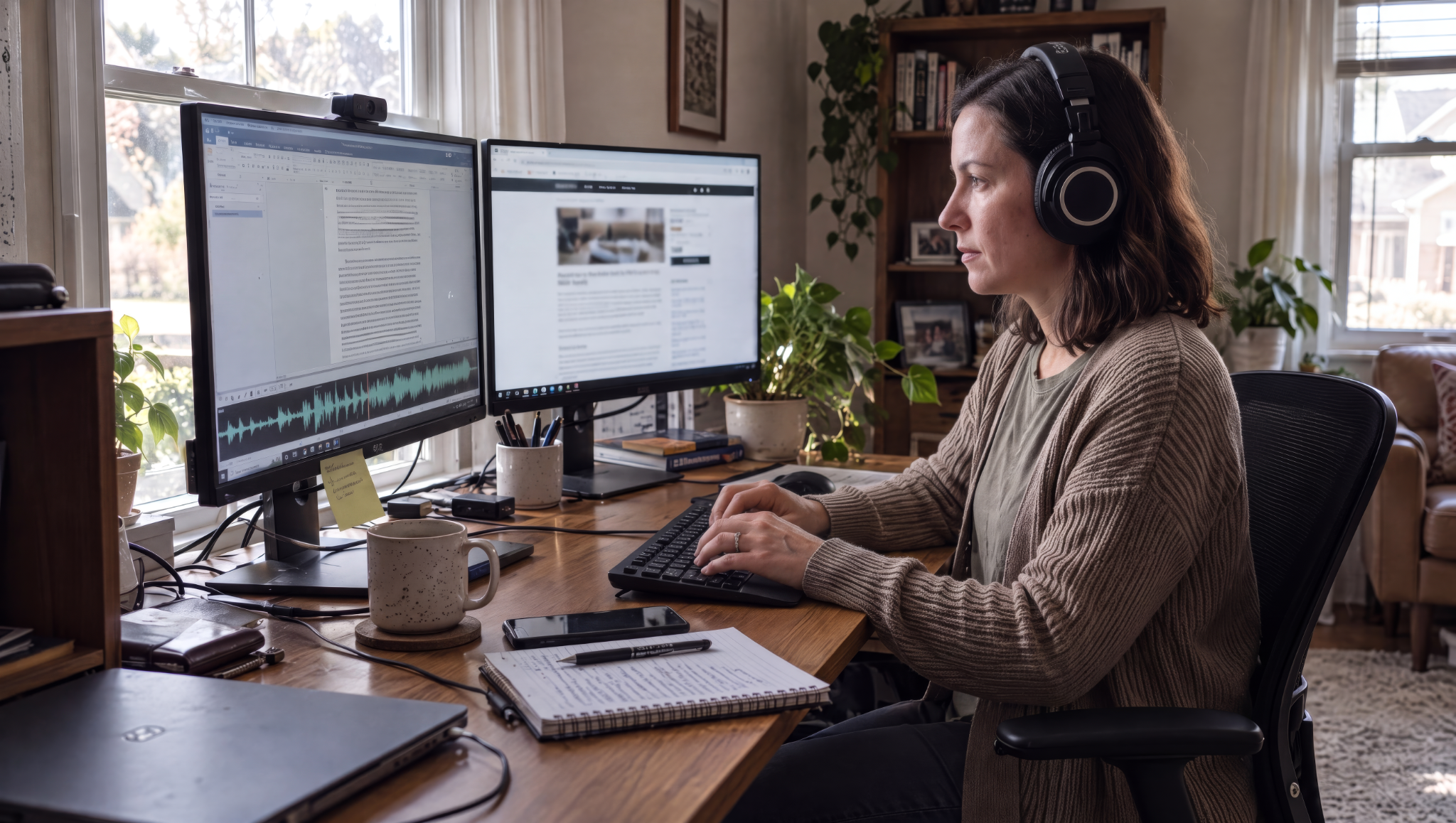 Professional transcription workflow with headphones, audio waveform and text editing